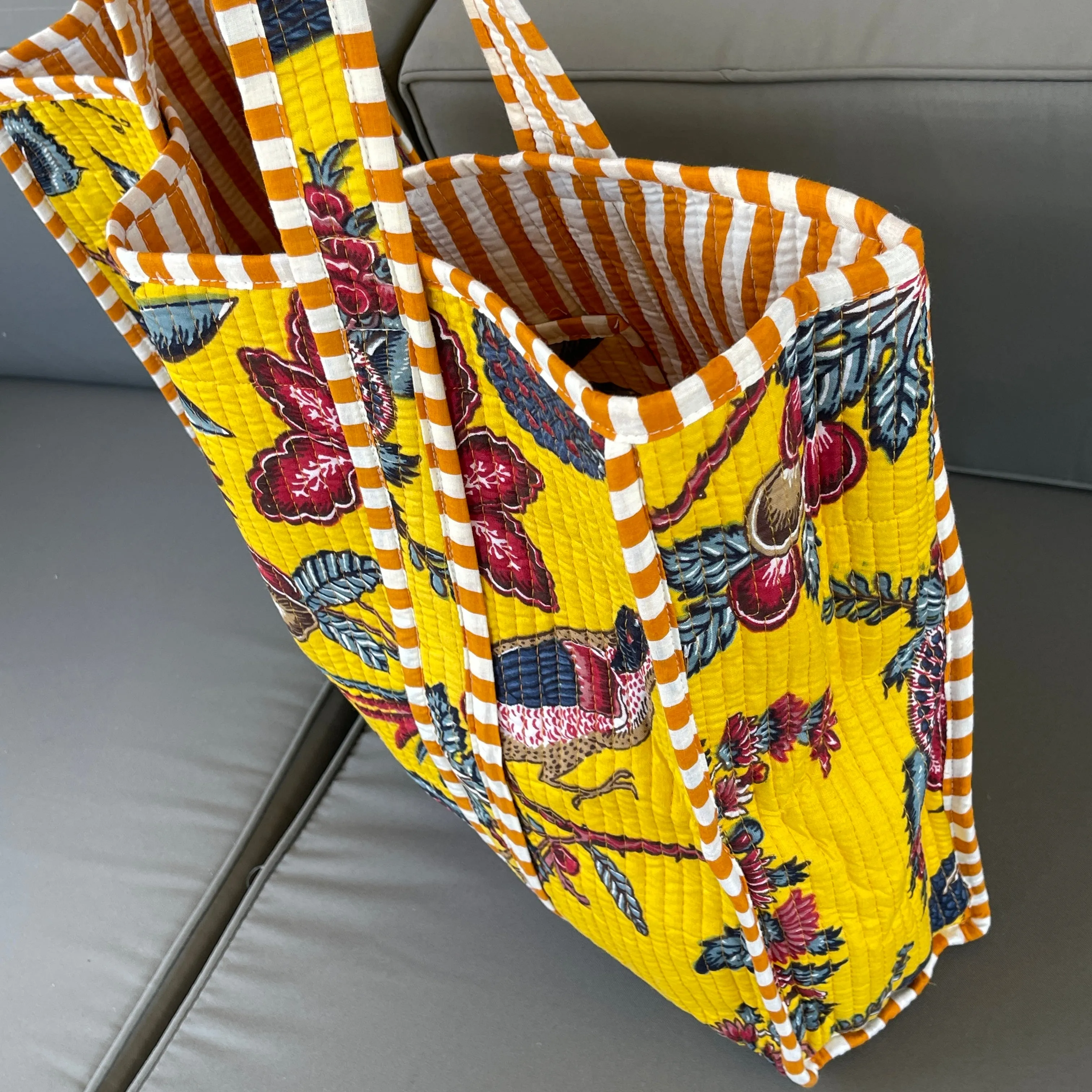 Handmade Boho Cotton Yellow Bird Quilted Bags Beach Tote Bag