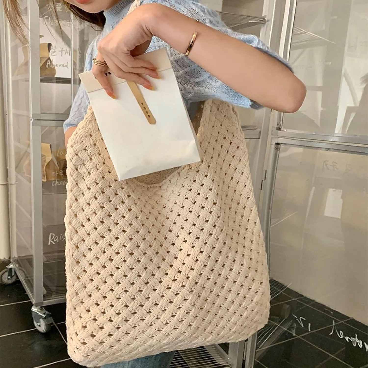 Handmade Crochet Tote Bag for Women - Boho Knitted Shoulder Purse with Dual Straps, Spacious Daily Bag
