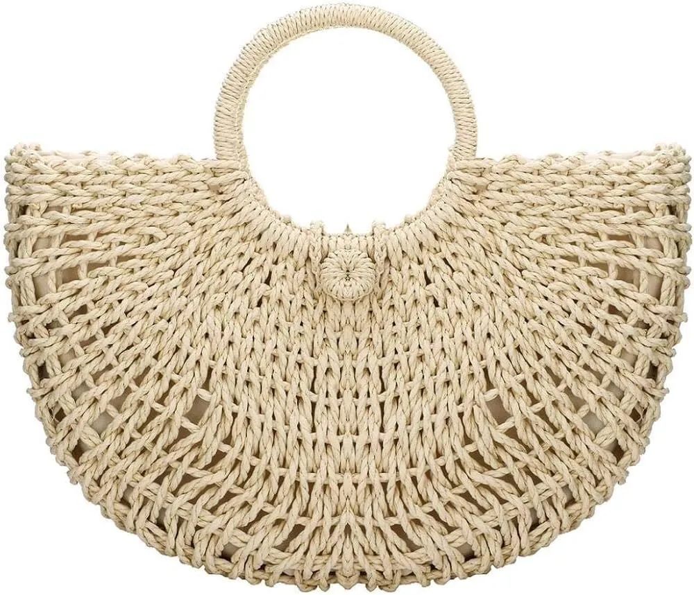 Handwoven Rattan Top-handle Bag for Women Hobo Bag Straw Tote Bag Bohemian Round Summer Beach Large Carrying Retro Handbag
