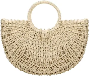 Handwoven Rattan Top-handle Bag for Women Hobo Bag Straw Tote Bag Bohemian Round Summer Beach Large Carrying Retro Handbag