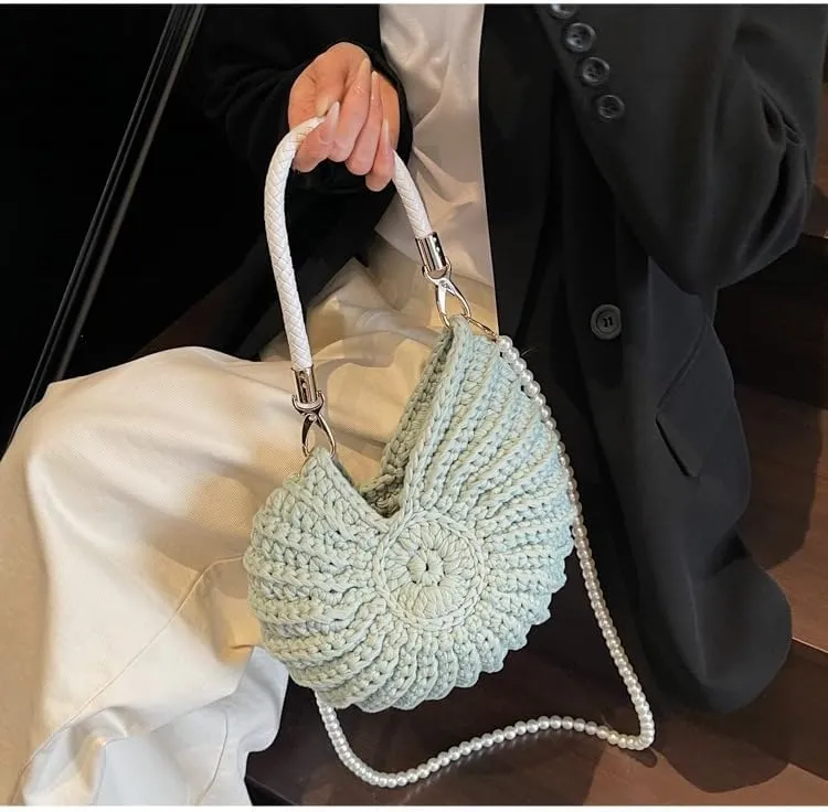 Handwoven Seashell Bag Crochet Shell Purse Summer Beach Tote Bag Pearl Clutch Purse Cute Conch Shoulder Handbag