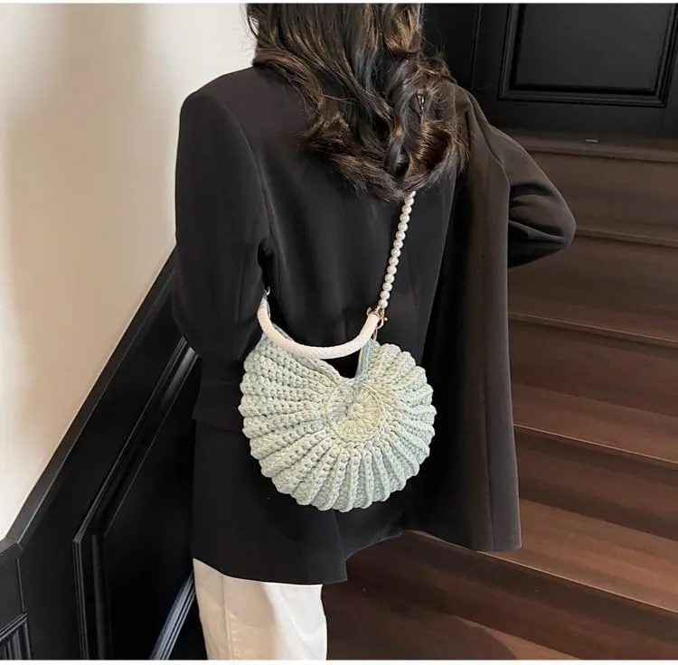 Handwoven Seashell Bag Crochet Shell Purse Summer Beach Tote Bag Pearl Clutch Purse Cute Conch Shoulder Handbag