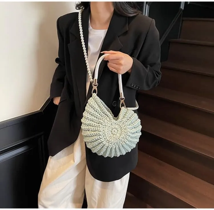 Handwoven Seashell Bag Crochet Shell Purse Summer Beach Tote Bag Pearl Clutch Purse Cute Conch Shoulder Handbag