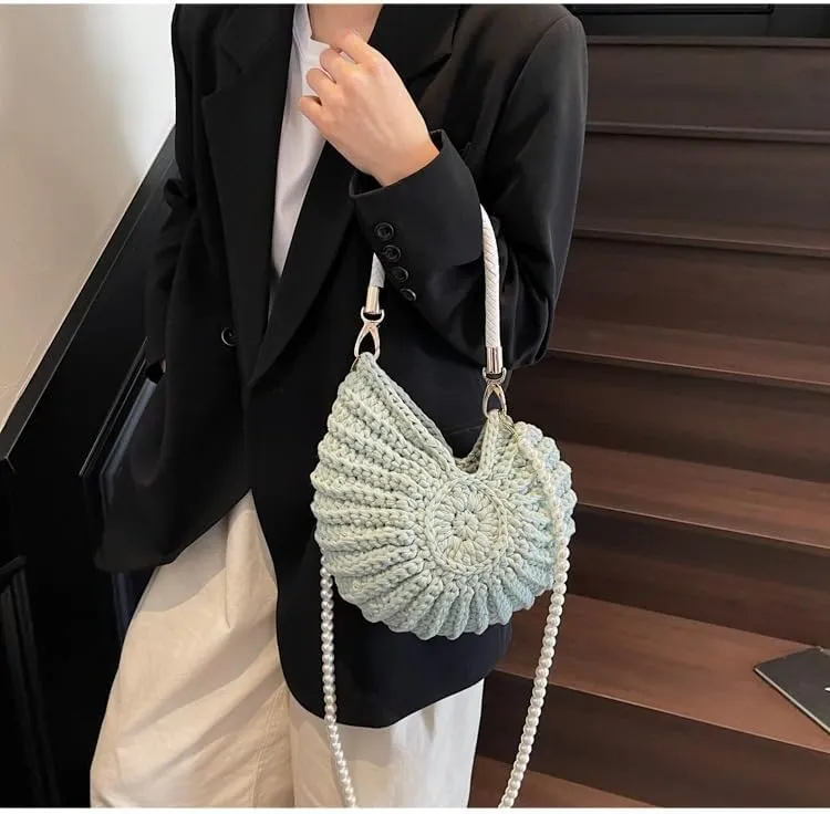 Handwoven Seashell Bag Crochet Shell Purse Summer Beach Tote Bag Pearl Clutch Purse Cute Conch Shoulder Handbag