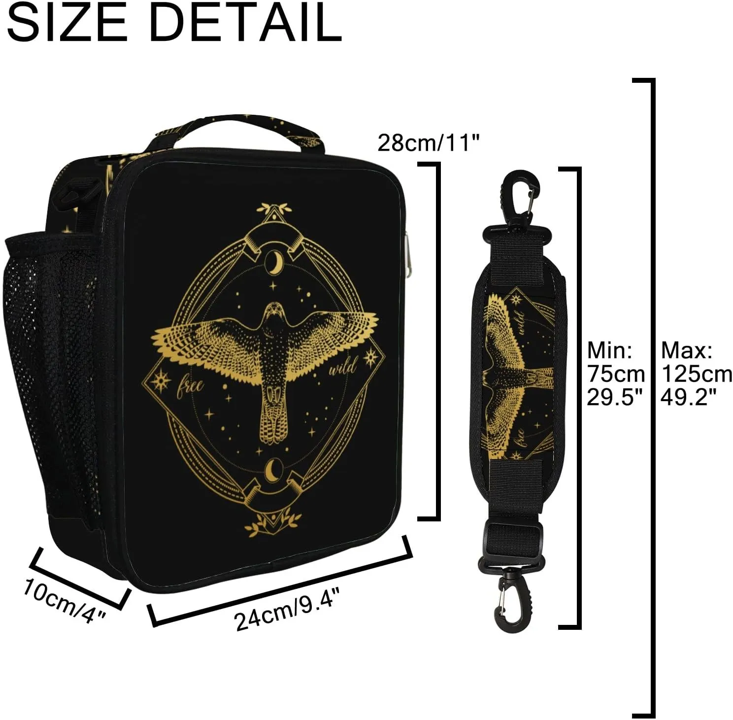Hapuxt Lunch Box Lunch Bag with Adjustable Shoulder Strap Tote Flying Falcon Ornate Dark Bohemian Style Insulated Waterproof Outdoor Work Office Picnic for Women Men