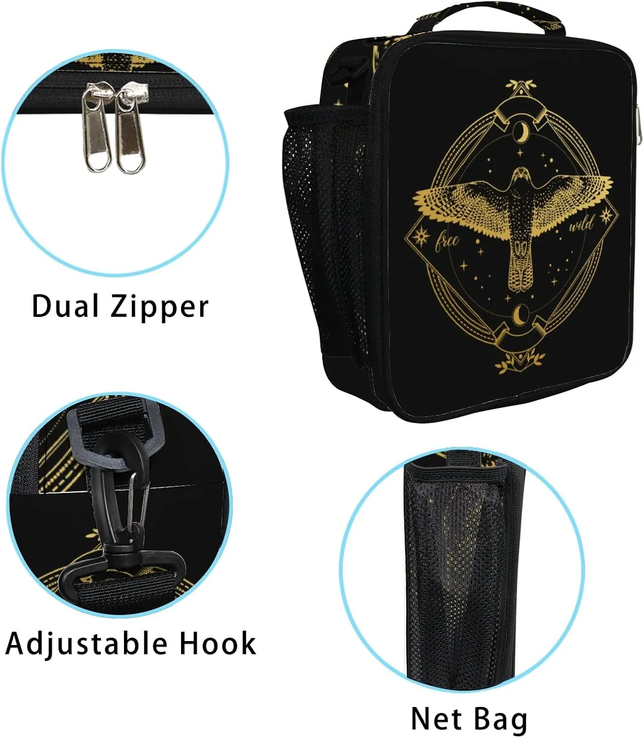 Hapuxt Lunch Box Lunch Bag with Adjustable Shoulder Strap Tote Flying Falcon Ornate Dark Bohemian Style Insulated Waterproof Outdoor Work Office Picnic for Women Men