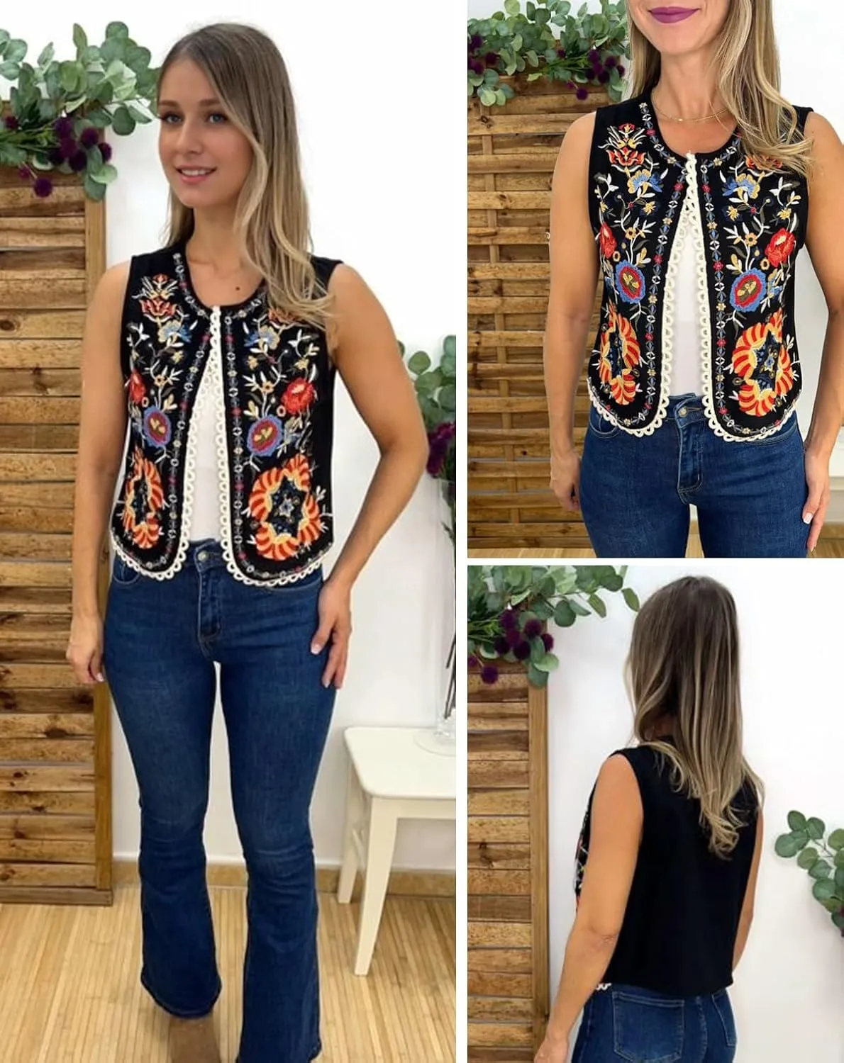 hathne Floral Embroidered Vest for Women Boho Vintage Sleeveless Open Front Vests Tops Waistcoat
