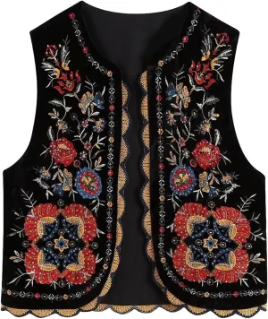 hathne Floral Embroidered Vest for Women Boho Vintage Sleeveless Open Front Vests Tops Waistcoat
