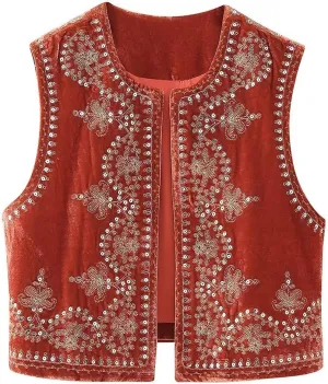 hathne Floral Embroidered Vest for Women Boho Vintage Sleeveless Open Front Vests Tops Waistcoat