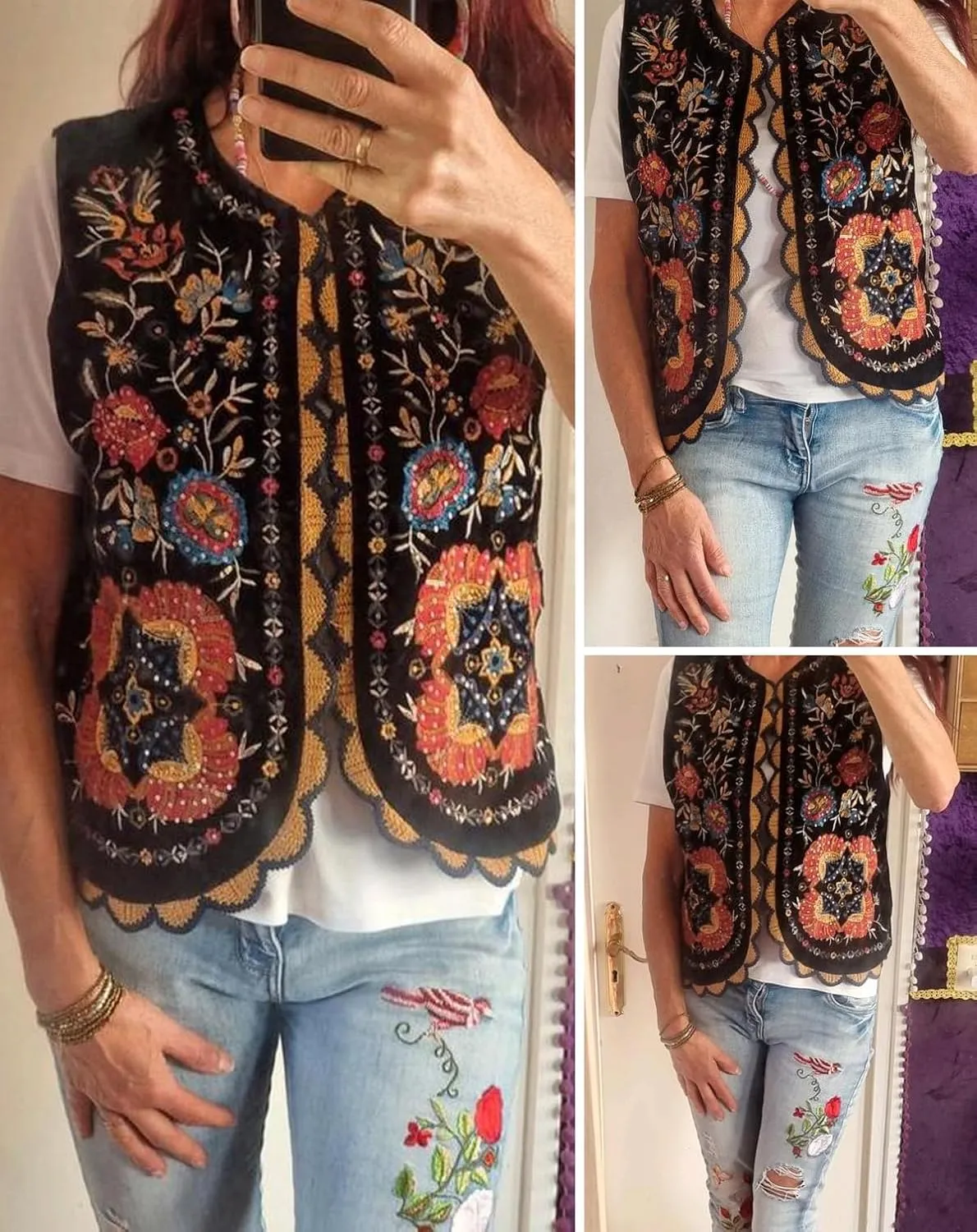 hathne Floral Embroidered Vest for Women Boho Vintage Sleeveless Open Front Vests Tops Waistcoat