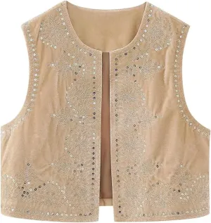 hathne Floral Embroidered Vest for Women Boho Vintage Sleeveless Open Front Vests Tops Waistcoat