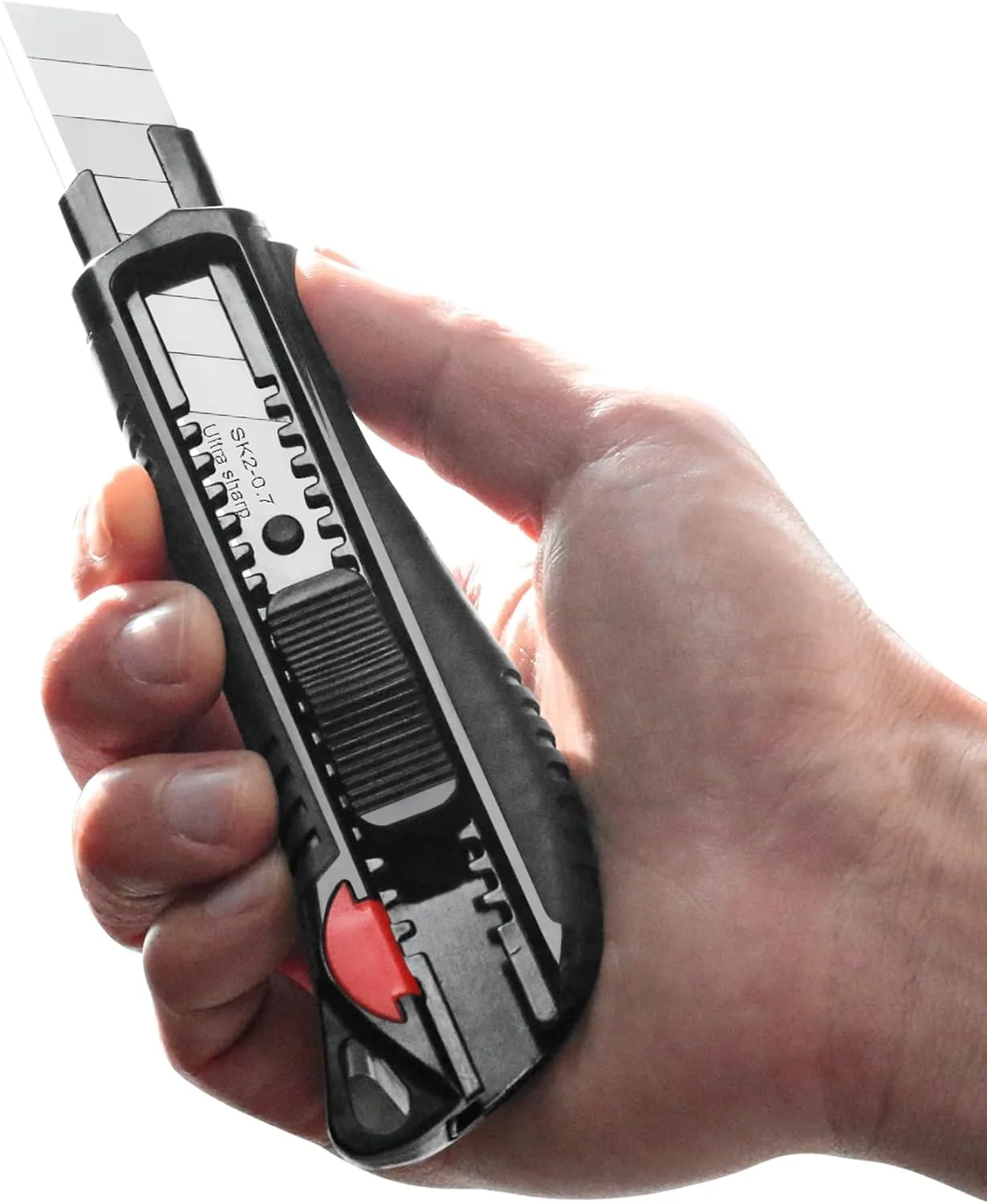 HAUTMEC 18mm Soft Grip Auto-Lock Utility Knife With Red Safety Switch, Sturdy Cutter with Ultra Sharp Black Snap-off Blade HT0081-2PC