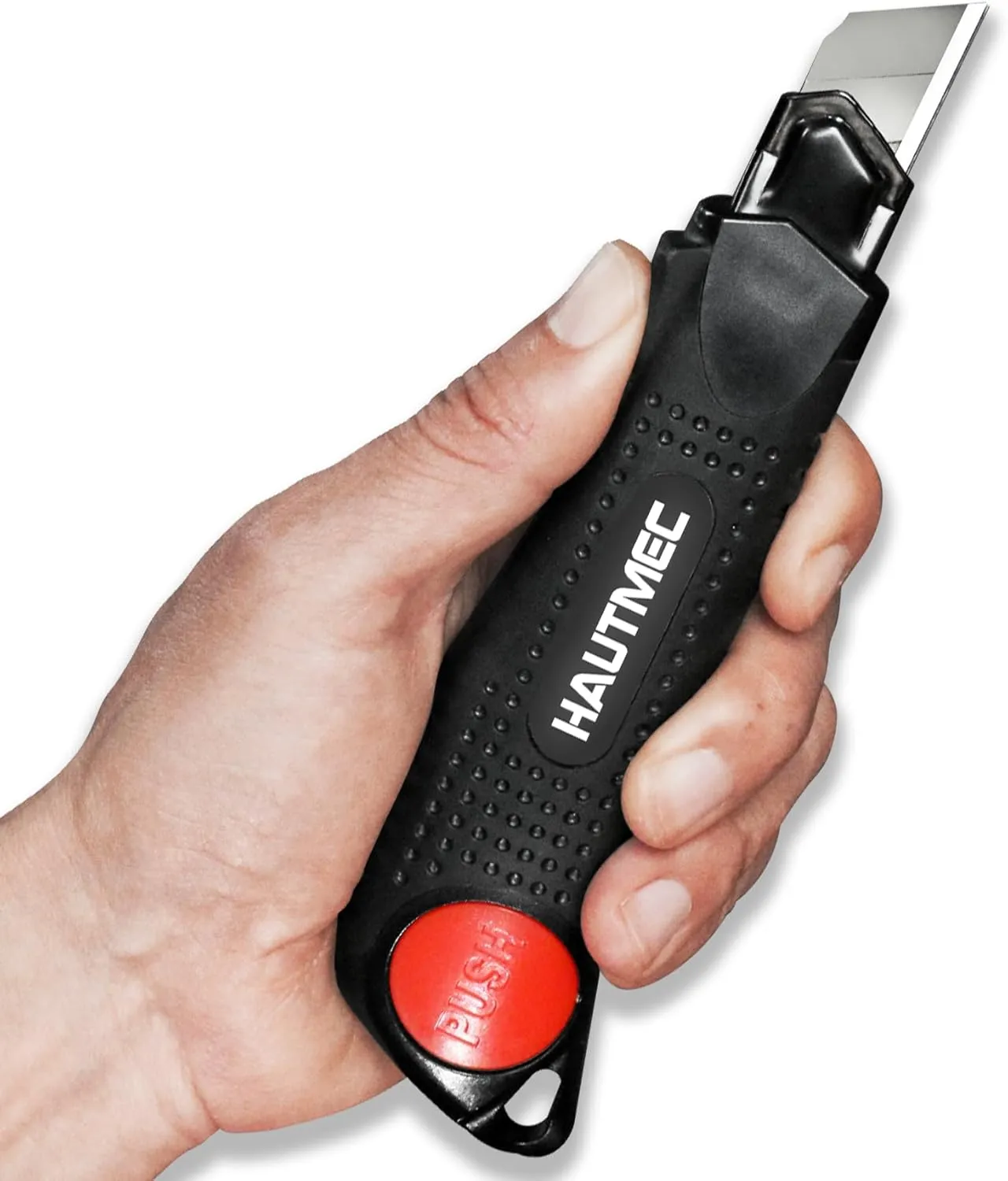 HAUTMEC 18mm Soft Grip Auto-Lock Utility Knife With Red Safety Switch, Sturdy Cutter with Ultra Sharp Black Snap-off Blade HT0081-2PC