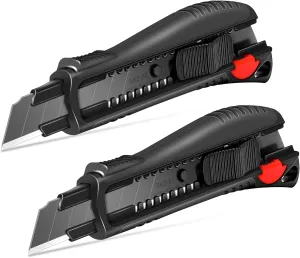 HAUTMEC 18mm Soft Grip Auto-Lock Utility Knife With Red Safety Switch, Sturdy Cutter with Ultra Sharp Black Snap-off Blade HT0081-2PC