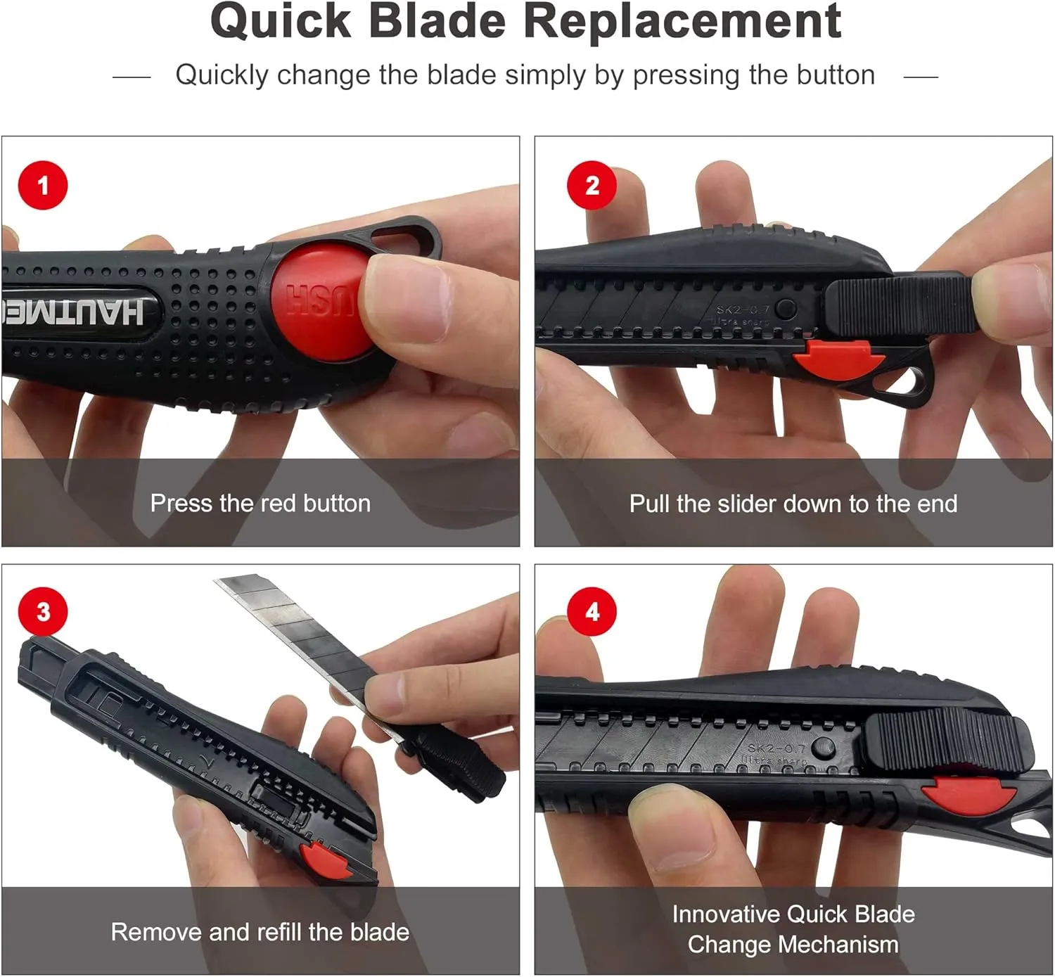 HAUTMEC 18mm Soft Grip Auto-Lock Utility Knife With Red Safety Switch, Sturdy Cutter with Ultra Sharp Black Snap-off Blade HT0081-2PC