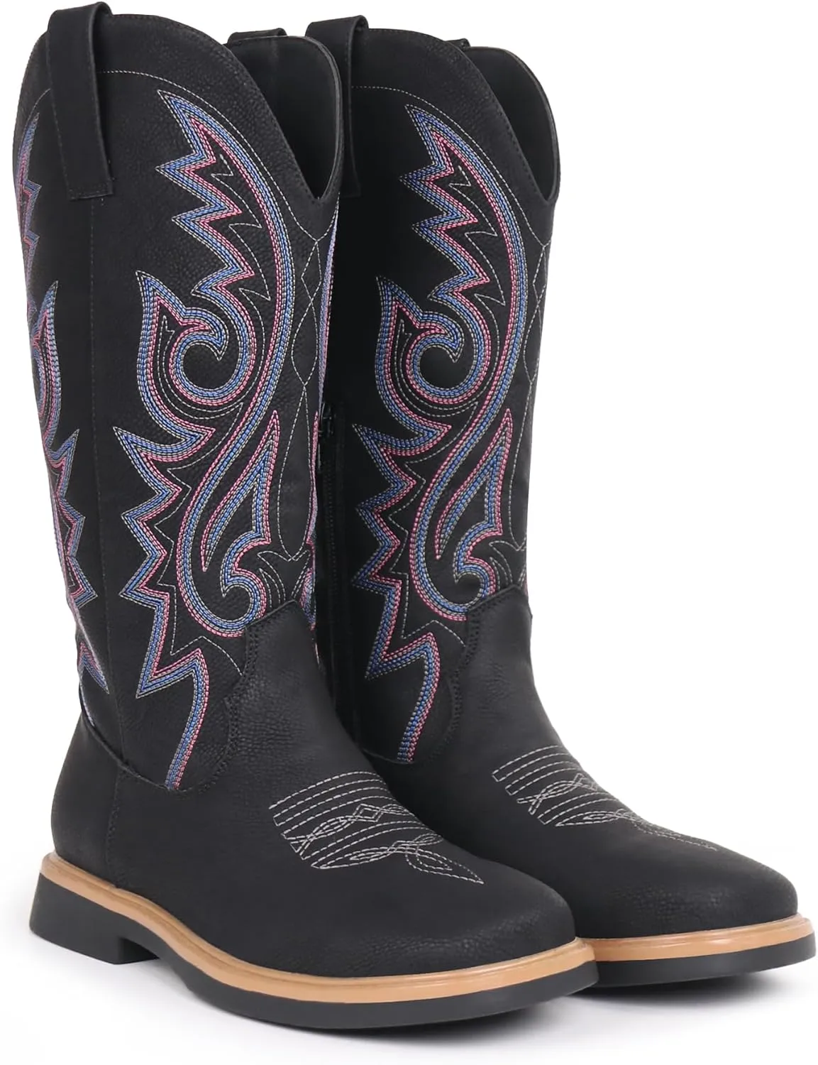 Hawkwell Women's Cowboy Cowgirl Boots Square Toe Side Zipper Embroidered Low Heel Dress Western Mid Calf Boot