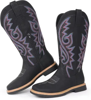 Hawkwell Women's Cowboy Cowgirl Boots Square Toe Side Zipper Embroidered Low Heel Dress Western Mid Calf Boot