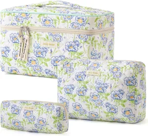 HBselect Quilted Makeup Bag, 3PCS Cotton Large Travel Makeup Bag, Cute Floral Coquette Make up Bag Cosmetic Bag Toiletry Bag for Women Girls