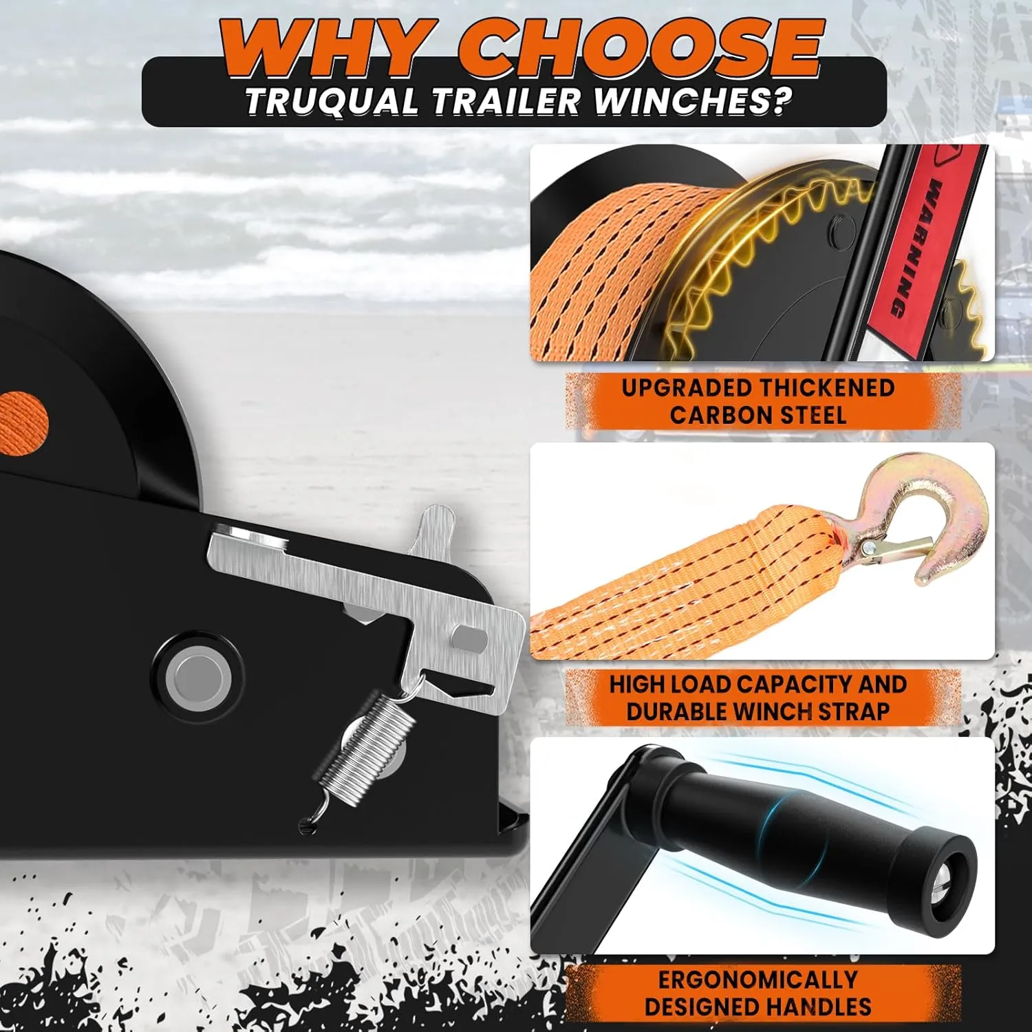 Heavy Duty Boat Trailer Winches with 23 FT Strap, 2-Way Ratchet Mechanism and 2-Speed Switchable Option, 2500 lbs Winches for Towing Trucks, ATVs RVs and Jet Skis
