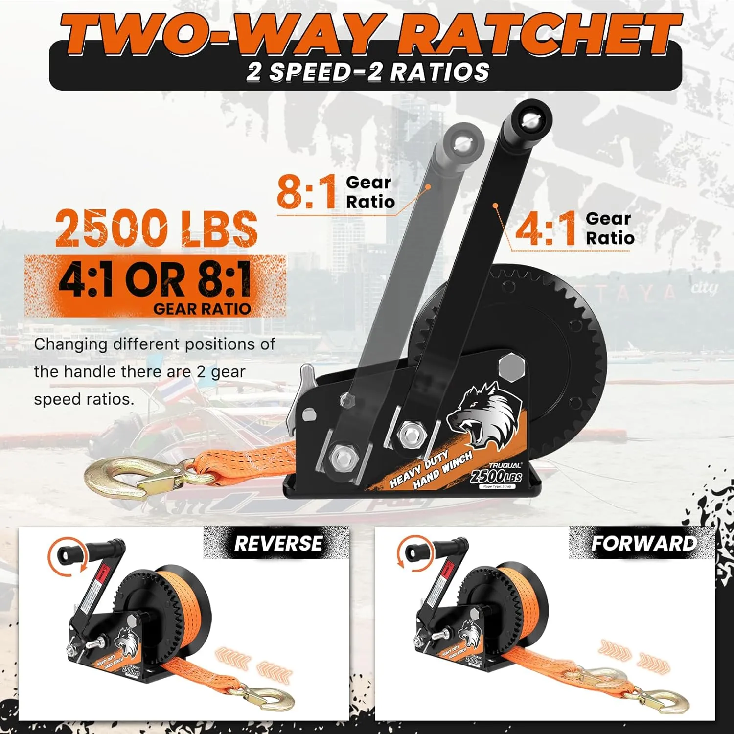Heavy Duty Boat Trailer Winches with 23 FT Strap, 2-Way Ratchet Mechanism and 2-Speed Switchable Option, 2500 lbs Winches for Towing Trucks, ATVs RVs and Jet Skis