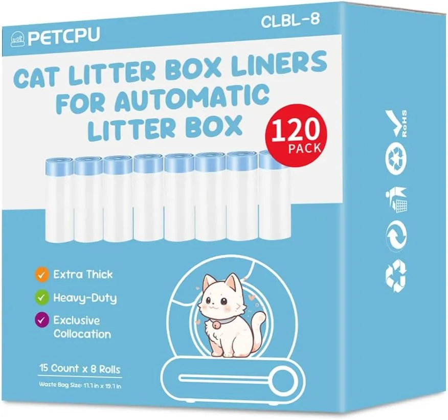 Heavy Duty Cat Litter Box Liners, 120 Count Plastic Waste Bags with Drawstring Design for Automatic Self-Cleaning Litter Boxes, 10-12 Liters, Leak Proof & Odor Control, White-Blue (8 Packs/8 Rolls)