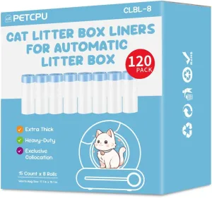 Heavy Duty Cat Litter Box Liners, 120 Count Plastic Waste Bags with Drawstring Design for Automatic Self-Cleaning Litter Boxes, 10-12 Liters, Leak Proof & Odor Control, White-Blue (8 Packs/8 Rolls)
