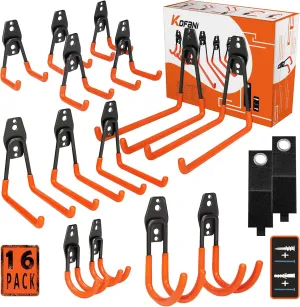 Heavy Duty Steel Hooks, 16 Pack with Anti-Slip Coating - Utility Wall Mount Garage Storage for Hanging Bike, Ladder and Garden Tools