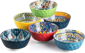 HENXFEN LEAD Ceramic Snack, Dessert Bowls Set of 6-12 Oz Colorful Small Bowl Set for Ice Cream, Nut, Condiment - Porcelain Side Dish Bowls for Dipping, Salsa - Bohemian Style