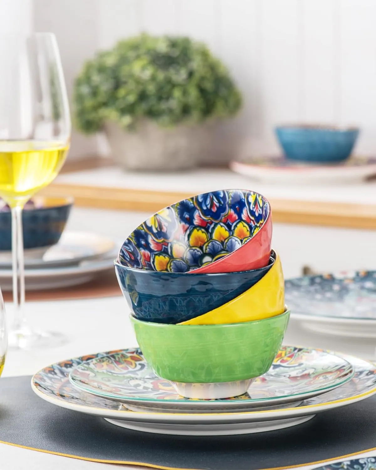 HENXFEN LEAD Ceramic Snack, Dessert Bowls Set of 6-12 Oz Colorful Small Bowl Set for Ice Cream, Nut, Condiment - Porcelain Side Dish Bowls for Dipping, Salsa - Bohemian Style