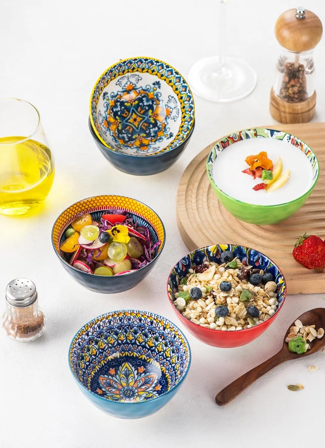 HENXFEN LEAD Ceramic Snack, Dessert Bowls Set of 6-12 Oz Colorful Small Bowl Set for Ice Cream, Nut, Condiment - Porcelain Side Dish Bowls for Dipping, Salsa - Bohemian Style