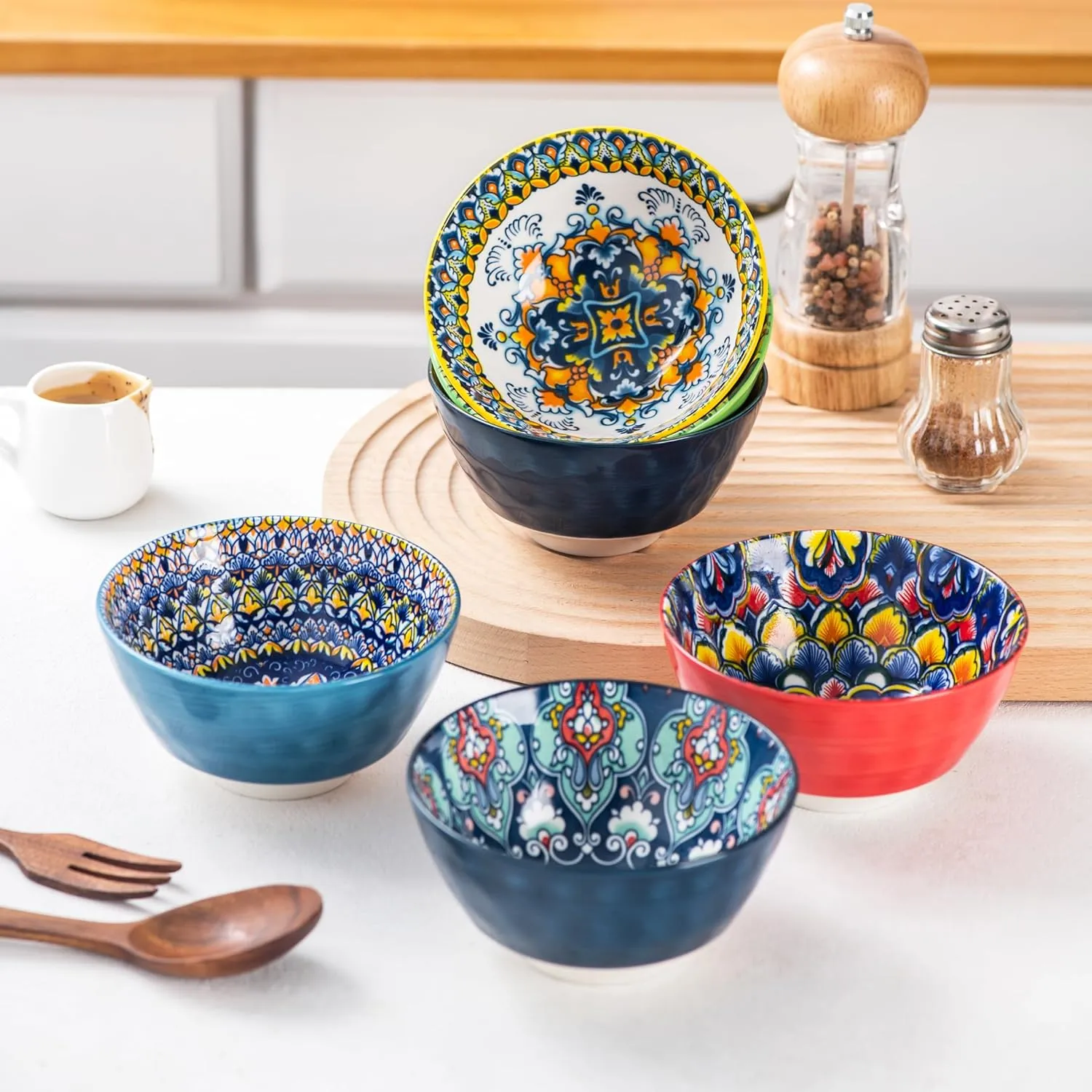 HENXFEN LEAD Ceramic Snack, Dessert Bowls Set of 6-12 Oz Colorful Small Bowl Set for Ice Cream, Nut, Condiment - Porcelain Side Dish Bowls for Dipping, Salsa - Bohemian Style