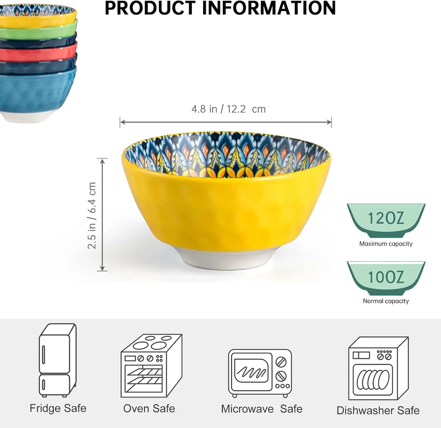 HENXFEN LEAD Ceramic Snack, Dessert Bowls Set of 6-12 Oz Colorful Small Bowl Set for Ice Cream, Nut, Condiment - Porcelain Side Dish Bowls for Dipping, Salsa - Bohemian Style
