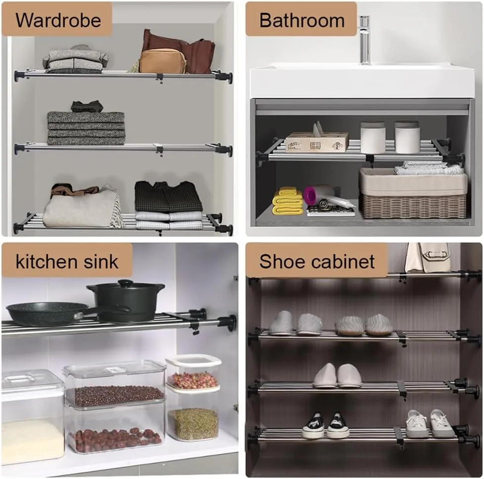 Hershii Expandable Closet Tension Shelf Rod Adjustable Metal Storage Rack Cabinet Organizer DIY Divider Separator Shelves for Wardrobe Cupboard Kitchen Bathroom, Black, 15.75-23.62inches