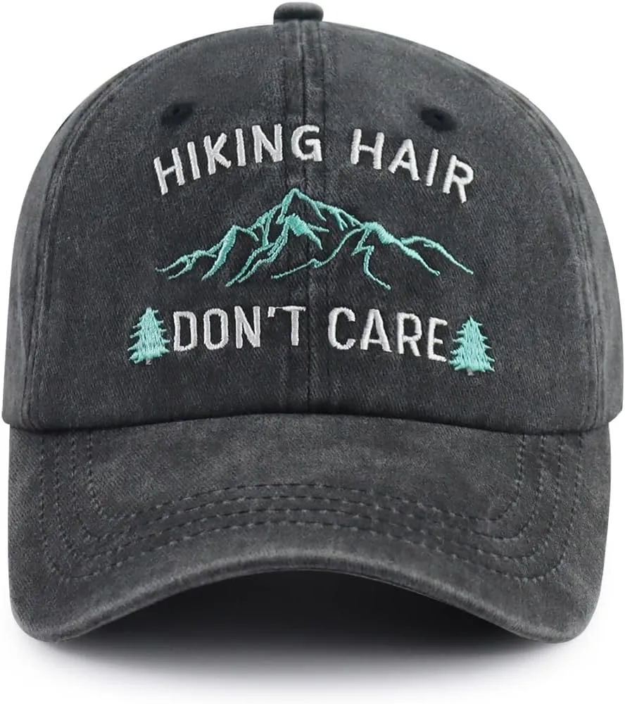 Hiking Hair Don't Care Hat for Men Women, Funny Adjustable Mountain Trees Baseball Cap for Camping Lovers Hiker