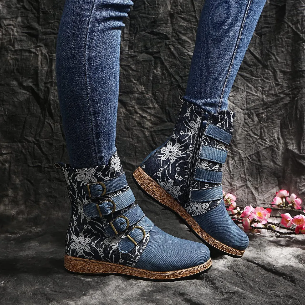 HINDOLA Women's Flat Ankle Booties Vintage Floral Embroidered Buckle Cowboy Fashion Boot Women Ethnic Style Boots