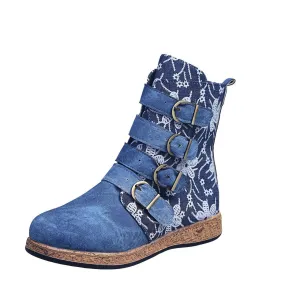 HINDOLA Women's Flat Ankle Booties Vintage Floral Embroidered Buckle Cowboy Fashion Boot Women Ethnic Style Boots