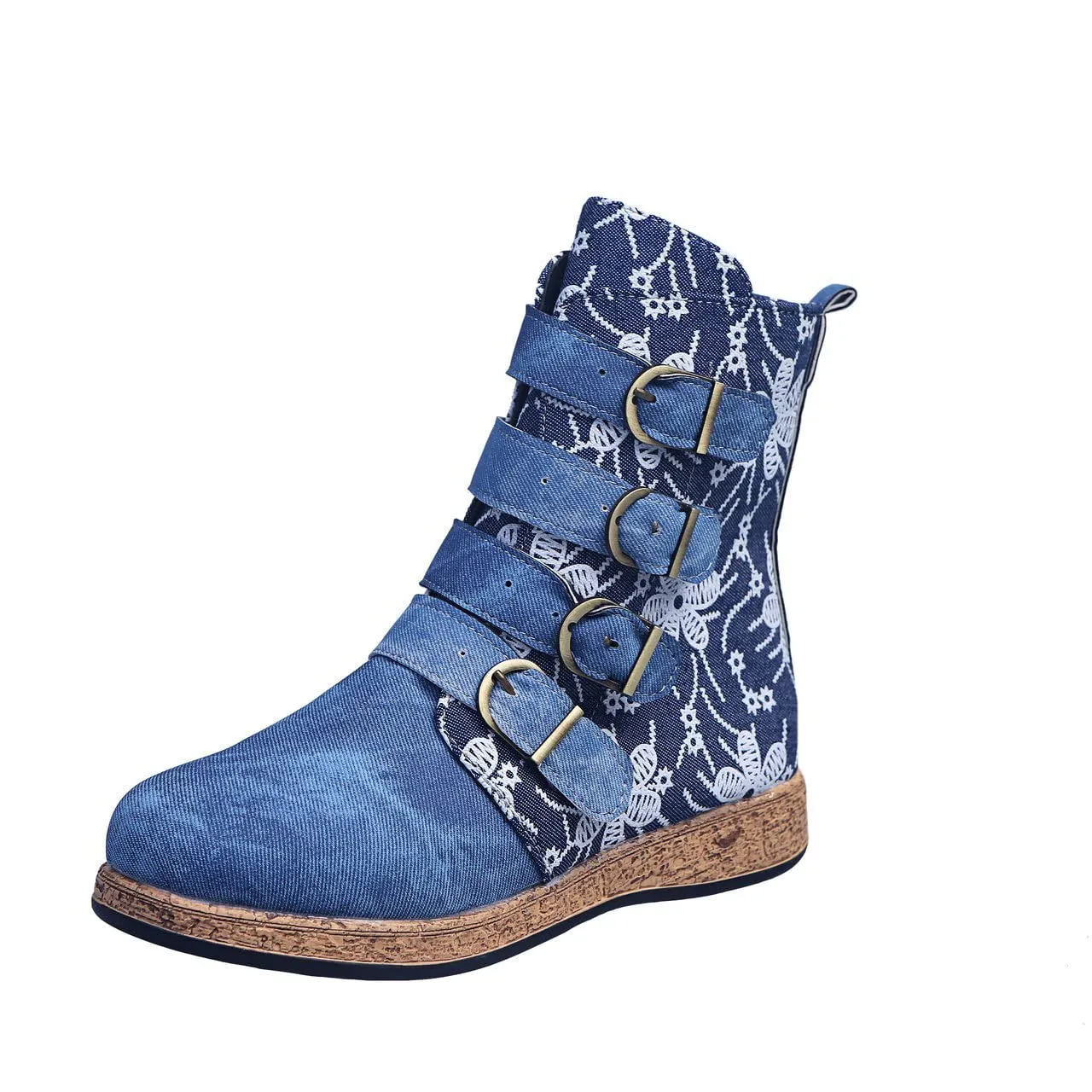 HINDOLA Women's Flat Ankle Booties Vintage Floral Embroidered Buckle Cowboy Fashion Boot Women Ethnic Style Boots