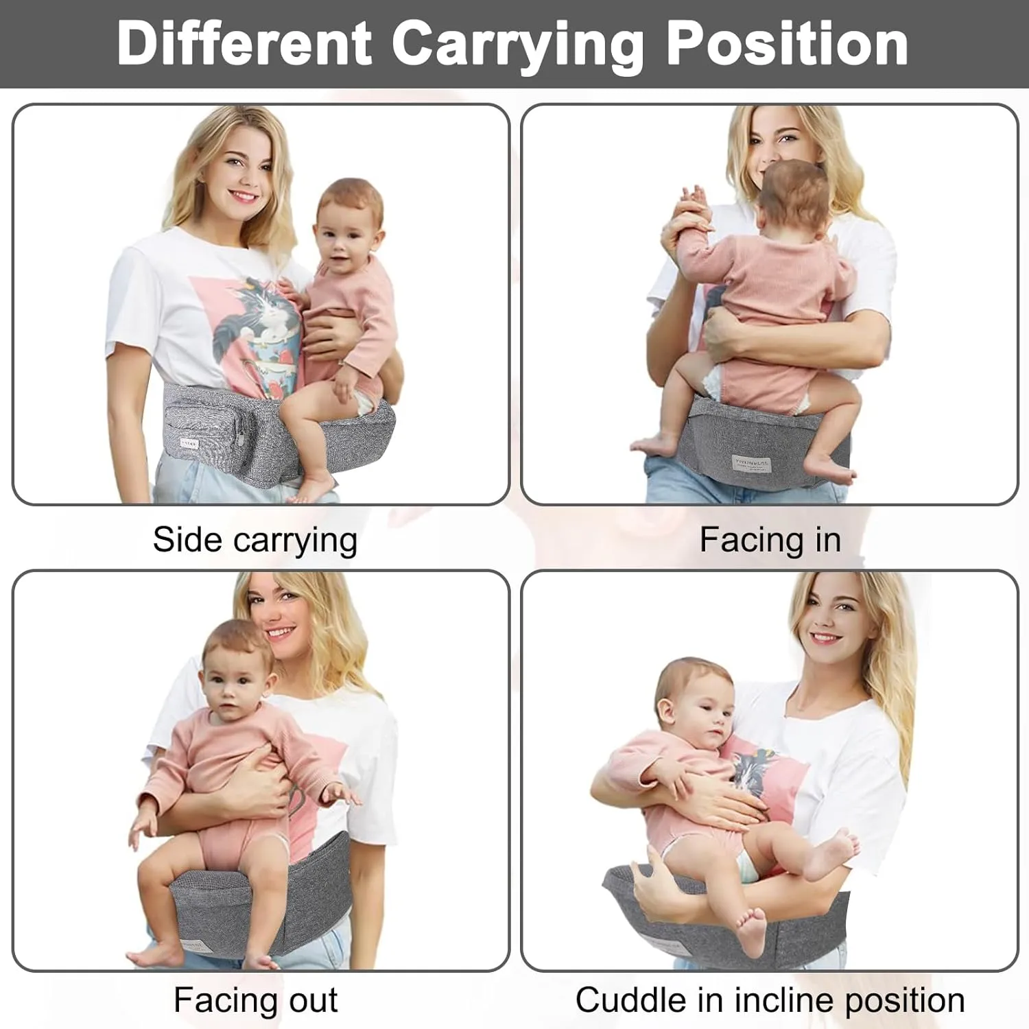 Hip Seat Baby Carrier, Baby Hip Carrier with Adjustable Waistband, Ergonomic No-Slipped Seat, Breathable Materials for Newborns to Toddlers（Grey