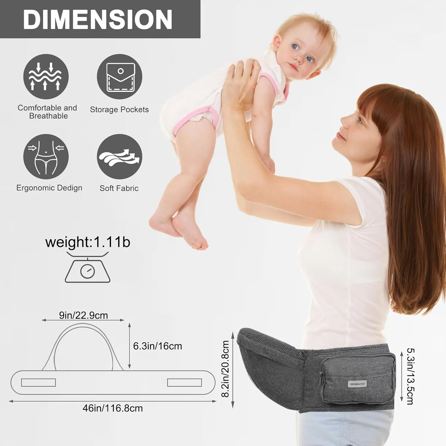 Hip Seat Baby Carrier, Baby Hip Carrier with Adjustable Waistband, Ergonomic No-Slipped Seat, Breathable Materials for Newborns to Toddlers（Grey