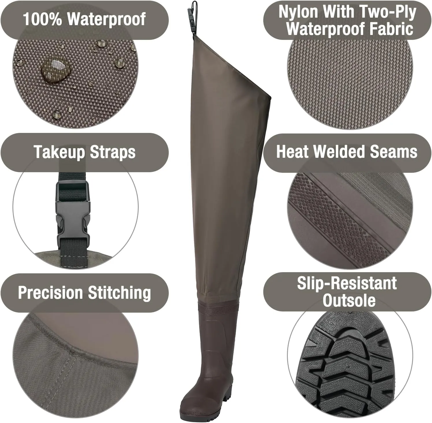 Hip Waders Waterproof Hip Boots Cleated 2-Ply Nylon/PVC Fishing Hip Wader