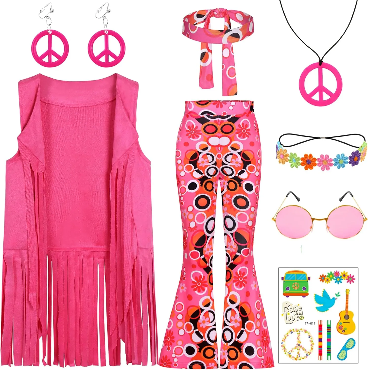 Hippie Costume for Girls Kids 60s 70s Hippie Outfits Set Halloween Party Dress Up