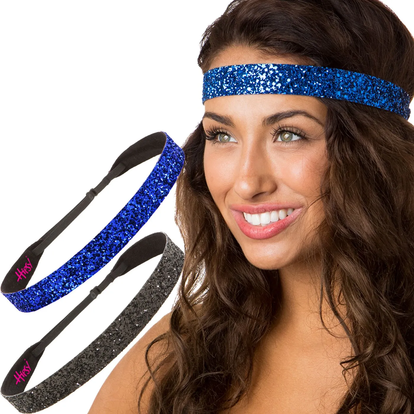 Hipsy Adjustable No Slip Wide Bling Glitter Headband 2-packs for Women Girls & Teens (Black & Royal Blue)