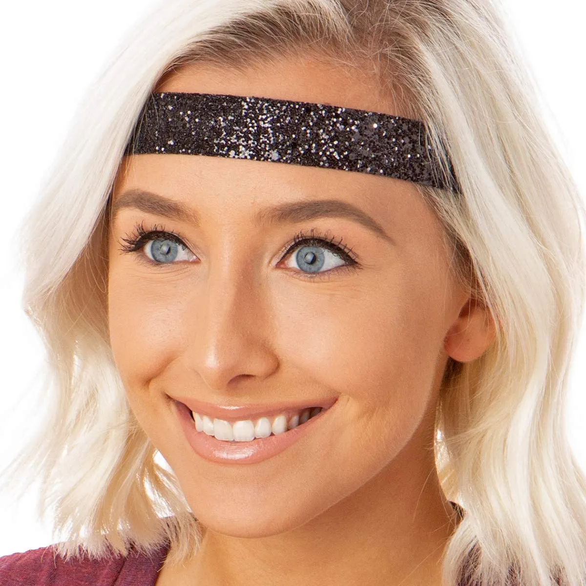 Hipsy Adjustable No Slip Wide Bling Glitter Headband 2-packs for Women Girls & Teens (Black & Royal Blue)