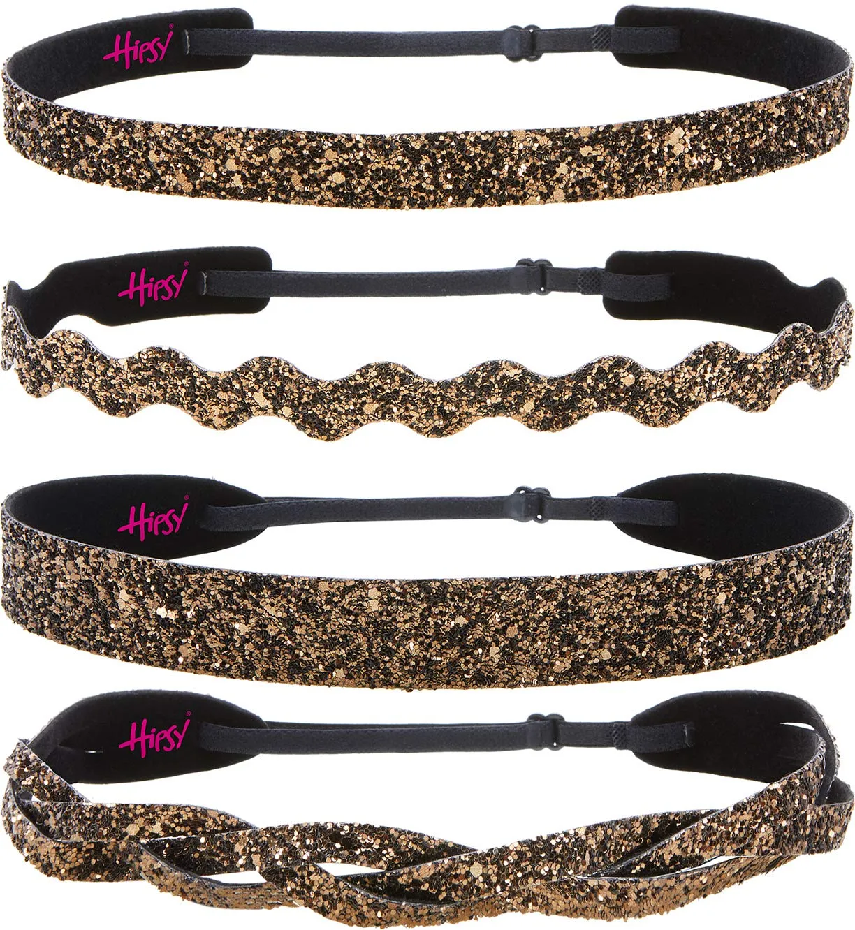 Hipsy PETITE Size, Adjustable No Slip Sparkly Bling Mixed 4pk Headbands for Women Girls & Teens (Bling Glitter Mixed Brown)