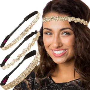Hipsy PLUS Size, Adjustable No Slip Sparkly Bling Mixed 3pk Headbands for Women Girls & Teens (Bling Glitter Mixed Gold)