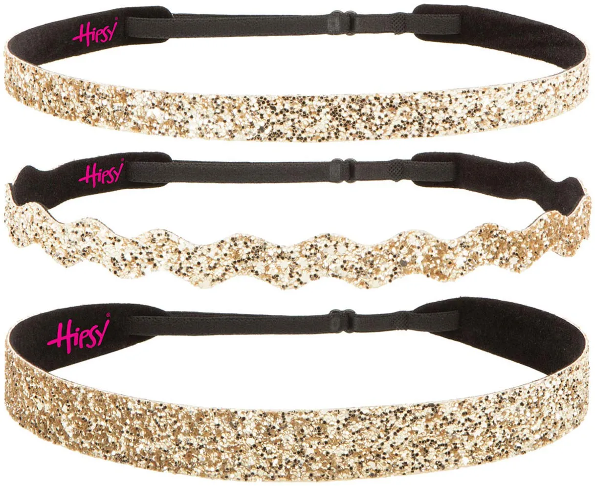 Hipsy PLUS Size, Adjustable No Slip Sparkly Bling Mixed 3pk Headbands for Women Girls & Teens (Bling Glitter Mixed Gold)