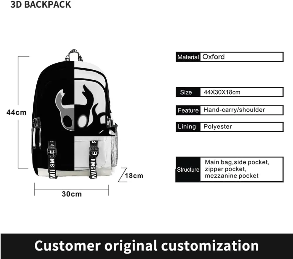 Hollow Knight Merch Backpack Three-piece Sets Casual Fashion Kpop Bags Travel Daypacks (Multicolor-Bag)