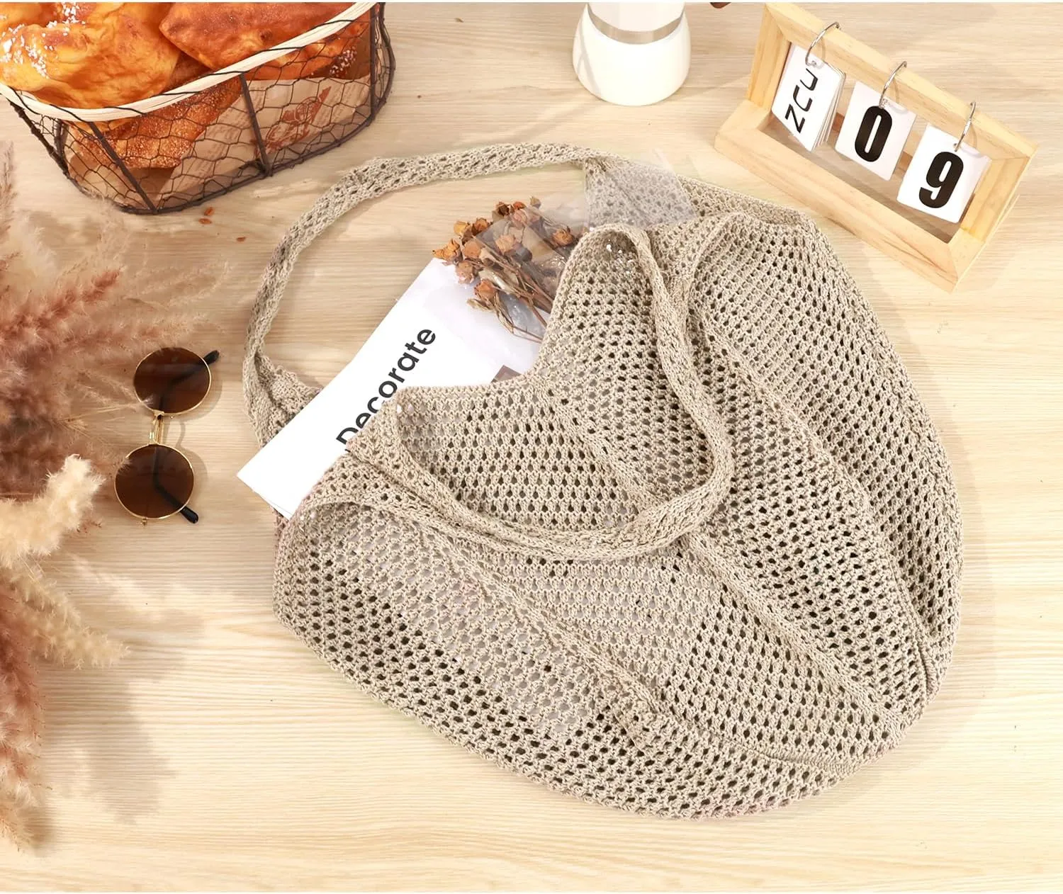 Hommtina Straw Beach Bag - Womens Crossbody Shoulder Vacation Purse for Summer