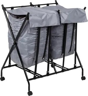 Honey-Can-Do Double Bounce Back Hamper - Foldable 2 Bag Laundry Sorter on Wheels with Lid, Black/Gray HMP-09750 Black, 100 lbs
