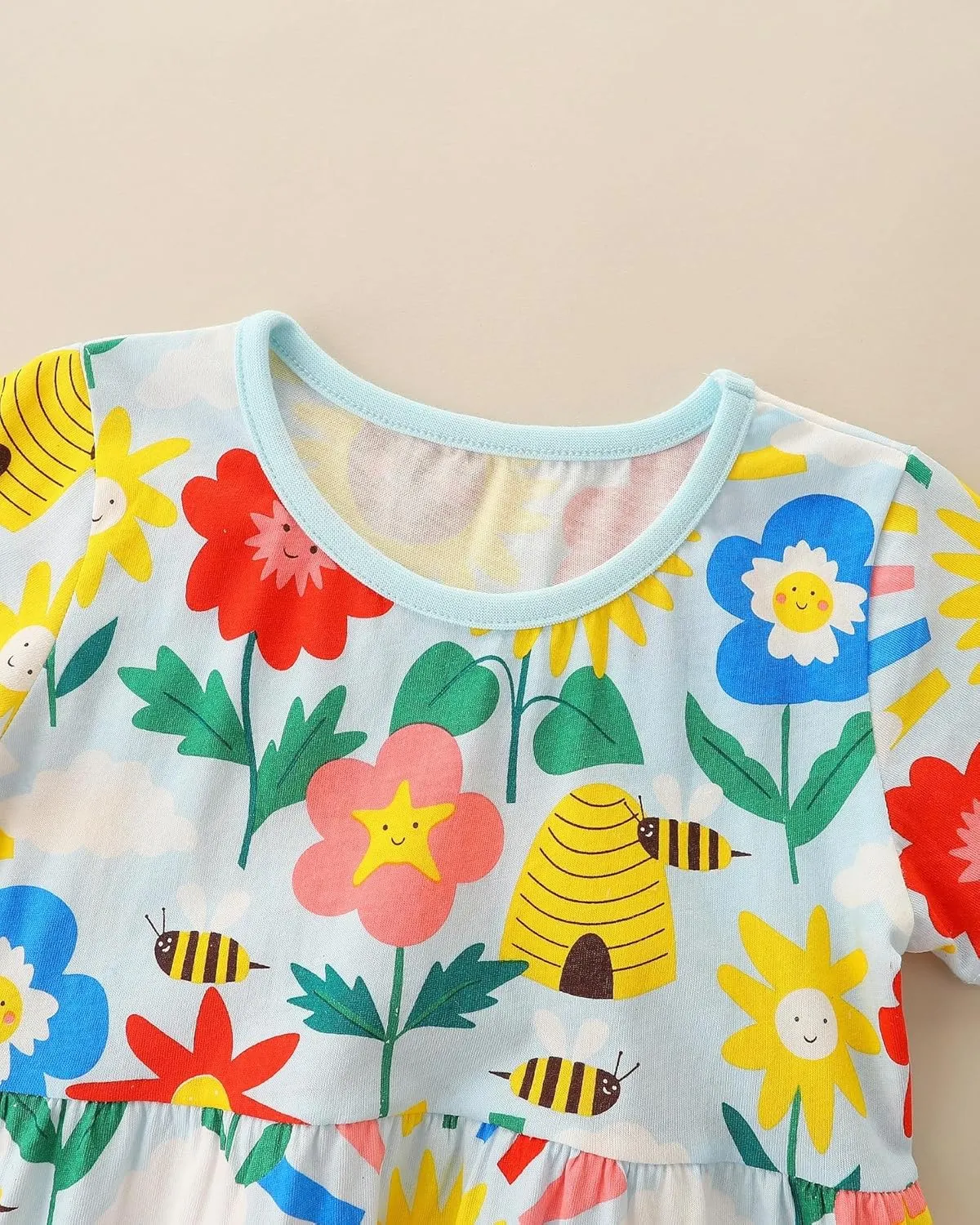 Hongshilian Toddler Girl Cotton Casual Dress Cartoon Appliques Short Sleeve Tunic Jersey Clothing